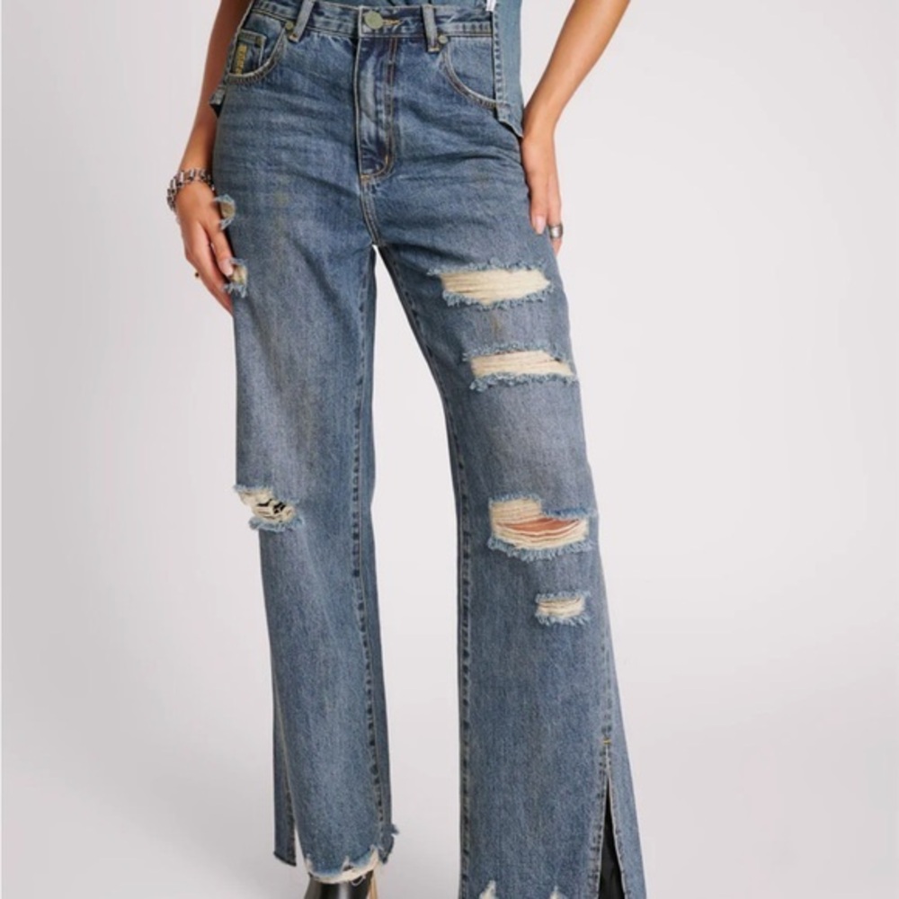 One Teaspoon Billie Low Slung Straight Leg Mid Waist Denim Jeans - Used Blue